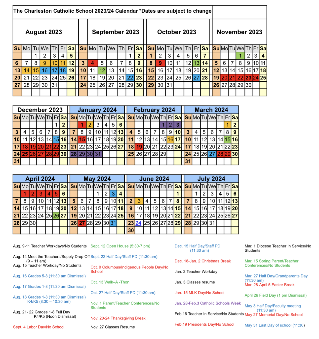 Academic Calendar - The Charleston Catholic School
