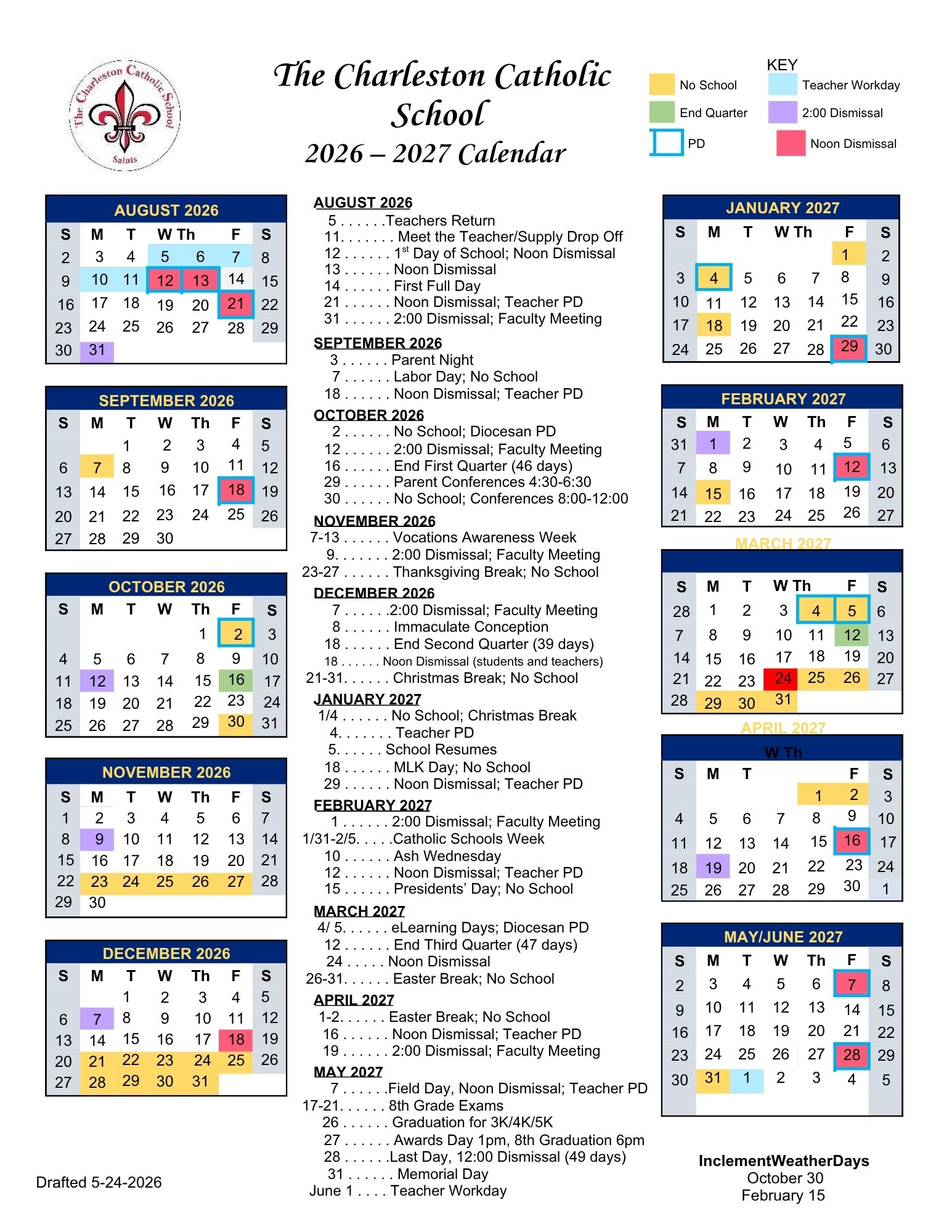 Academic Calendar - The Charleston Catholic School
